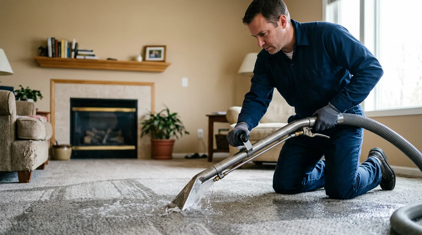 Water damage restoration technician working in a home in North Dakota